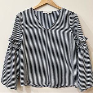 LOFT Women navy stripe blouse with bell sleeves size XSP